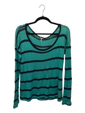 Splendid Teal and Black Striped Long Sleeve Scoop Neck Top